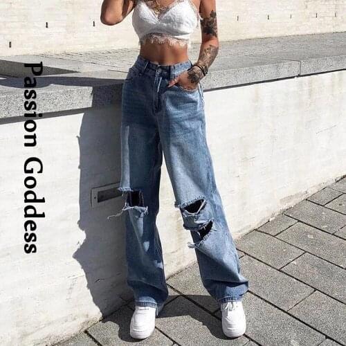 Autumn Women Harajuku Hollow Out Denim Pants Vintage Cool Loose High Waist Shredded Jeans Long Pantalon Ripped Jeans Mujer 2020
