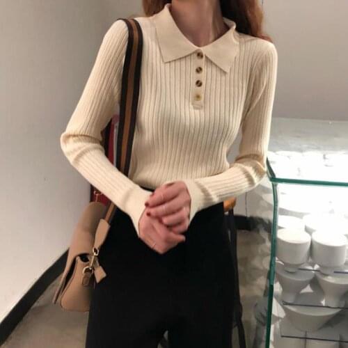 Buttons Turn-down Pullovers 2021 Women Sweater Basic Sweet Knit Jumper Korean Sweater Pull Femme Top Chic Elasticity Winter