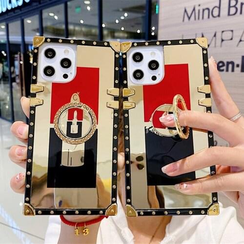 Luxury Square Sexy Lipstick Lips Phone Case For iPhone 11 12 7 8Plus X XR XS MAX Glitter Glossy Mirror Diamond Ring Holder Cover