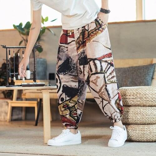 Men Harem Pants Printed Vintage Streetwear Cotton 2021 Casual Trousers Men Baggy Joggers Drawstring Pants Plus Size