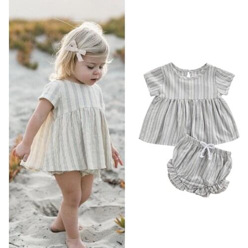 FOCUSNORM 0-24M Cute Baby Girls Boys Clothes Sets 2pcs Striped Printed Ruffles Short Sleeve T Shirts Tops Shorts