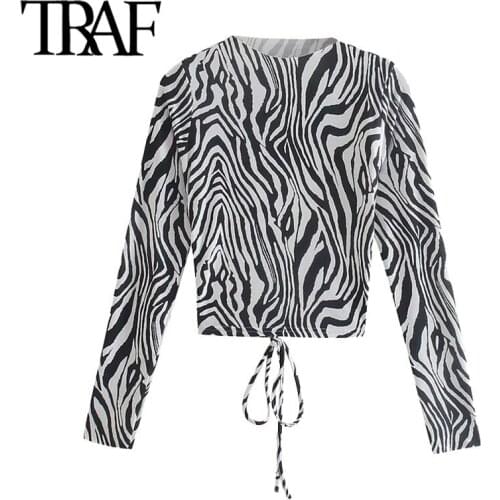 TRAF Women Sexy Fashion With Tied Animal Print Cropped Blouses Vintage Backless Long Sleeve Female Shirts Chic Tops