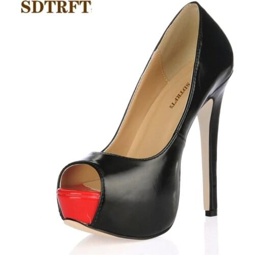 SDTRFT Stilettos zapatos 14cm Thin heels ladies Peep Toe Black Crossdresser shoes woman Wedding Platforms pumps sapato feminino