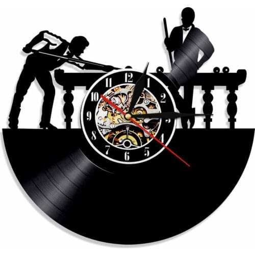 Snooker Vinyl Album Re-purposed Record Wall Clock Cue Sport Retro Art Game Room Decor Billiards Player Vinyl Disk Crafts Clock