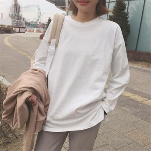 T-shirt Women Long Sleeve Solid Loose O-Neck Tees Korean Style Casual Womens T-shirts Sweet Breathable Trendy Female Clothing