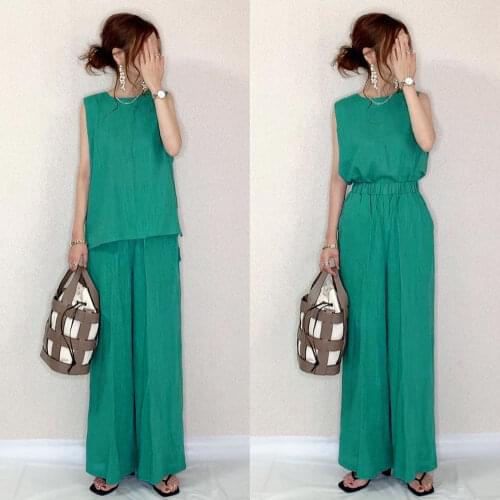 Office Ladies Green Matching Outfits Two Piece Sets Sleeveless Top High Waisted Wide Leg Pants Korea Japan Chic 2Pc Suit T-shirt