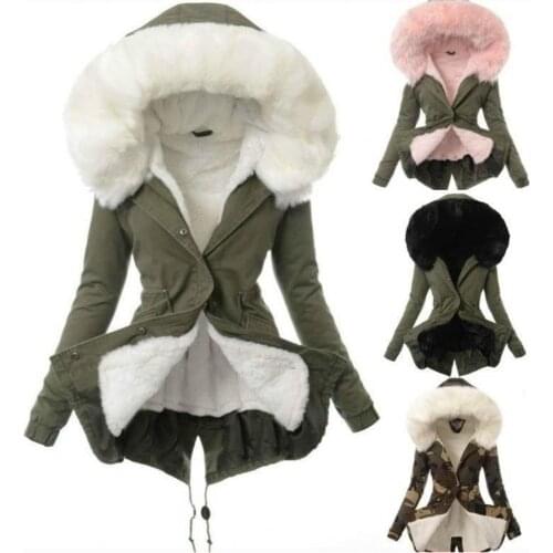 Ladies Winter Faux Fur Lining Hooded Long Sleeve Thicken Plus Cashmere Overcoat Jacket Medium Long Removable Hooded Parka Coat