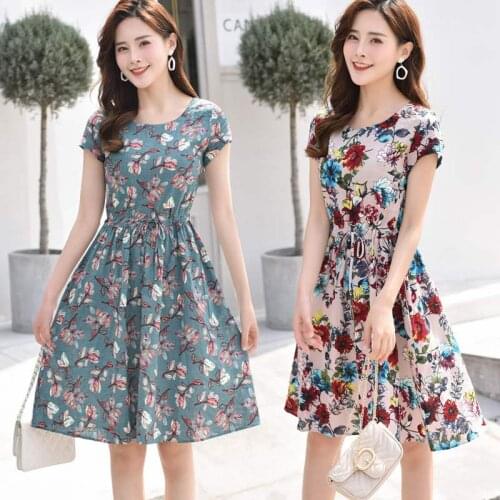 Vestidos 2020 Womens Summer Slim Small Fresh Short-sleeved Dress Fashion Casual A-line Printed Cotton Linen Dress Women Q111