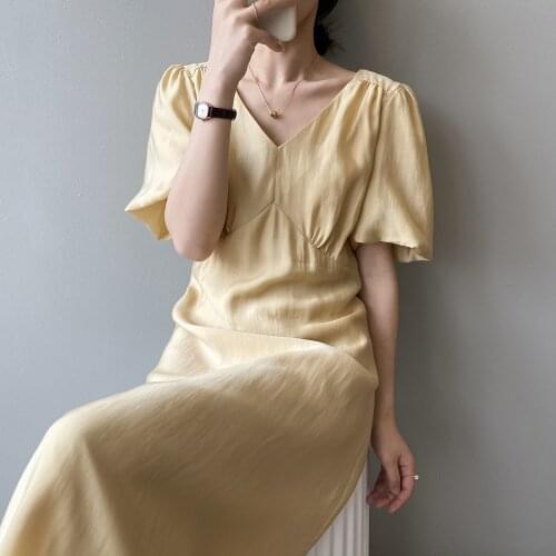 2021 Summer V-neck Maxi Dress Womens Retro Sundress Casual Puff sleeve Vestidos Female High Waist Robe Femme Short sleeve Dress