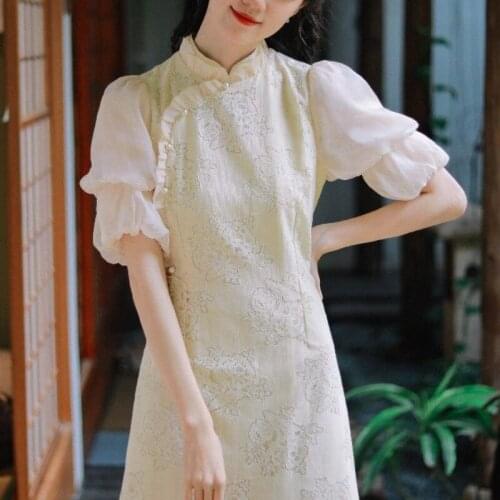 Summer Vintage Cheongsam Dress Women Floral Print Evening Long Bandage Dress Chiffon Puff Sleeve Dresses for Women 2021 Party