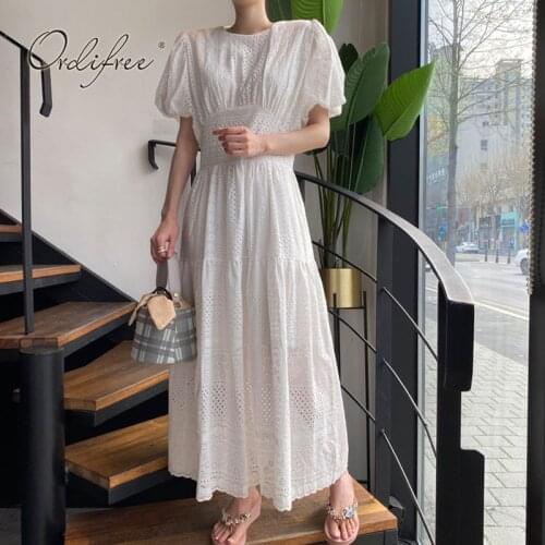 Ordifree 2021 Summer Women Long Embroidery Dress Vintage Hollow Out White Lace Vocation Maxi Beach Dress