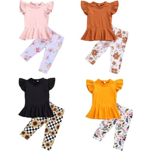 2020 1-6Y Summer Kids Baby Girl Clothes Solid Fly Sleeve Tops Tee+Floral/Palid Print Long Pants 4 Colors Toddler Outfits Set