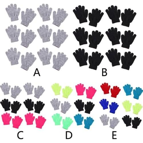 6 Pairs Children Kids Winter Knitted Full Finger Gloves Student Neon Solid Color Outdoor Cycling Warm Magic Mittens