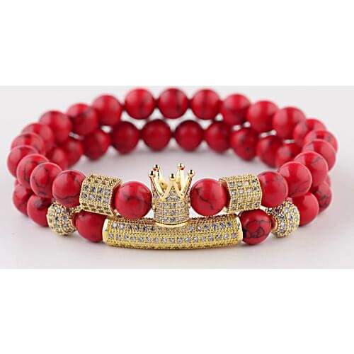 CZ Copper Geometric Shaped Couple Distance Bracelets For Women Men Red Natural Stone&Cubic Zirconia Crown Charm Bracelet