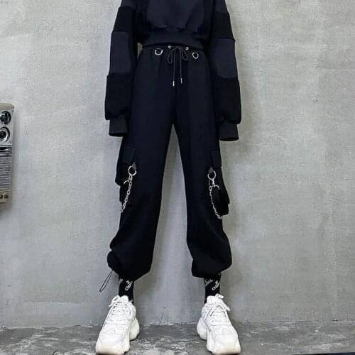 Teenagers Cargo Pants Chain Punk Black Trousers Women Hip Hop Pants Y2K Aesthetic Streetwear Emo Techwear Female Joggers