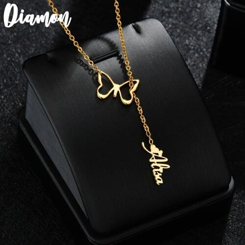 Diamon New Butterfly with Personalized Name Necklaces for Women Nameplate Jewelry Stainless Steel Custom Letter Necklace