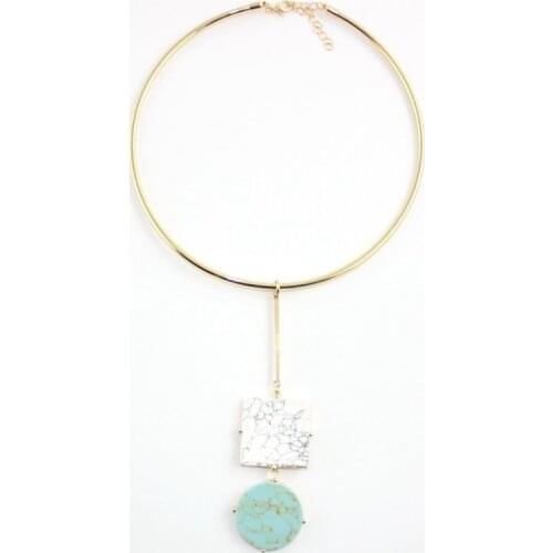 FYJS Unique Light Yellow Gold Color Alloy Round and Square Many Style Turquoises Stone Pendant Choker Necklace Trendy Jewelry