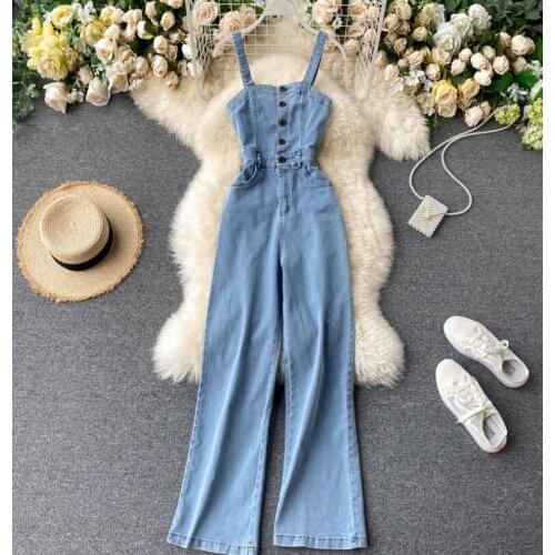 Womens spring summer strapless denim jumpsuit female wide leg jean pants overall TB133