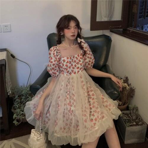 Korean Summer Sweet Girly Mini Dress Square Collar Cute Puff Sleeve Gauze Splicing Dress Kawaii Red Flower Ball Gown Dresses