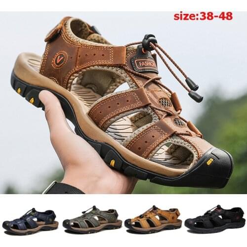 Summer Mens Sandals Genuine Leather Male Casual Shoes Size38-48 Beach Solid Sandals Closed Toe Aqua Shoes for Hiking Trekking