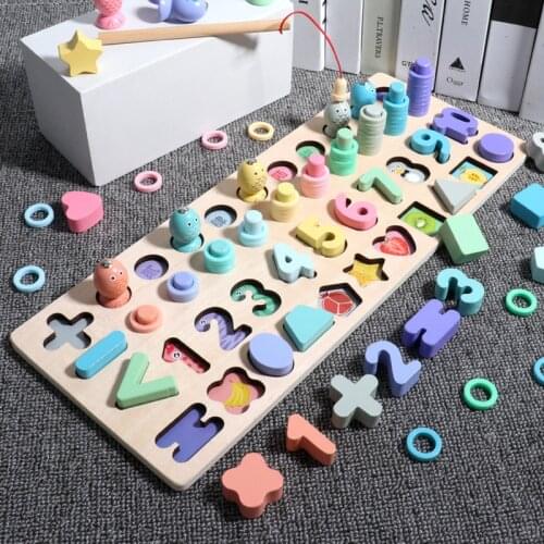 Kids Multifunction Montessori Wooden Busy Board Math Fishing Geometry Preschool Ability Training Toys for Children Educational