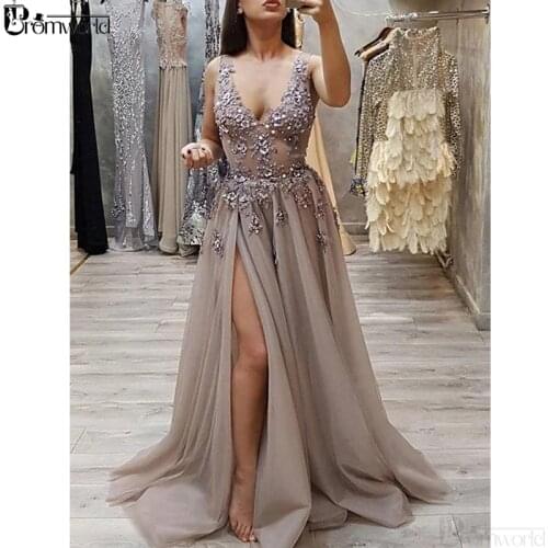 Latest Fashion V Neck Gray Prom Dresses Long With Appliques Beading Sexy Side Slit Tulle Evening Dress Prom Party Gown 2021