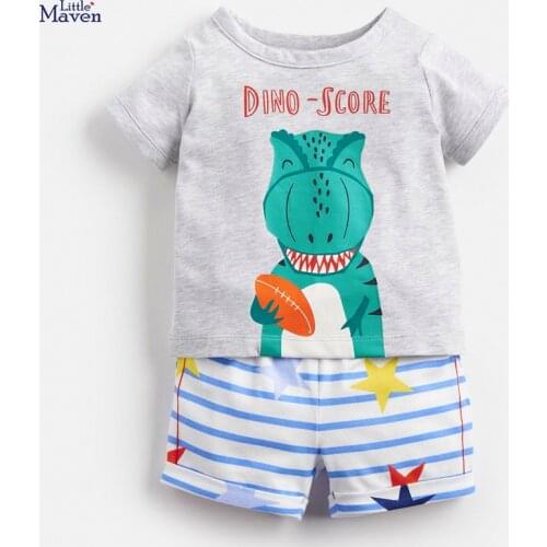 Children 2021 New Summer Baby Boy Clothes Casual Cotton Childrens Sets Letter Dinosaur Print T Shirt + Striped Shorts 20575