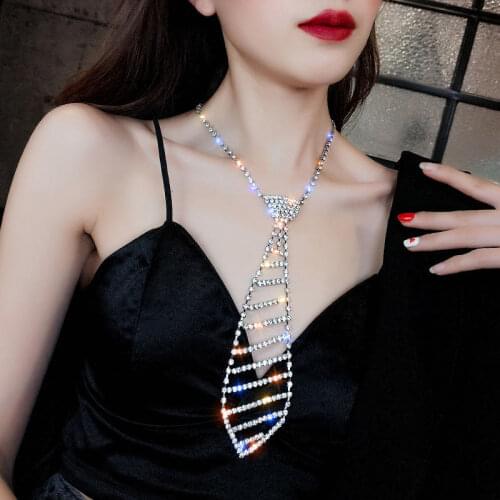 New creative tassel necktie Necklace letter Rhinestone sweater chain fashion shiny crystal statement necklace jewelry gift