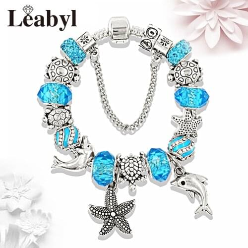 New Tibetan Tibetan Silver Tortoise Dolhin Fashion Charm Bracelet Blue Crystal Bead Bracelets & Bangles Jewelry ulseras