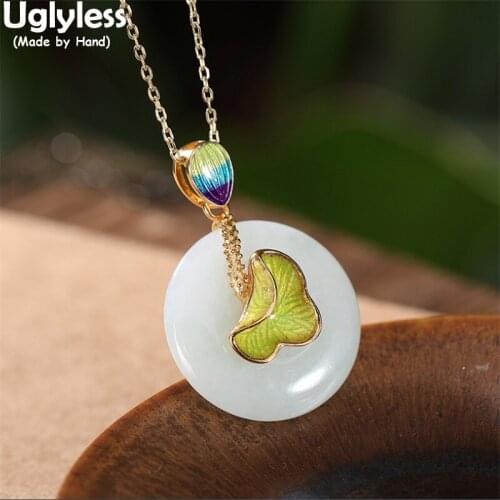 Uglyless Enamel Lotus Leaf Pendants Necklaces NO Chains Natural Emerald Peace Buttons Necklaces Gold 925 Silver Eastern Jewelry