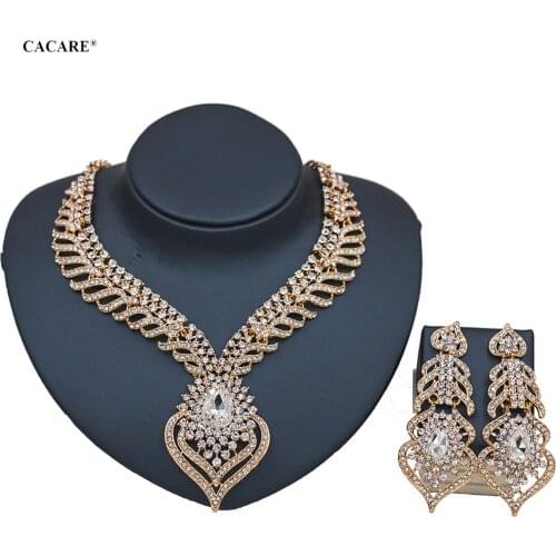 Luxury Dubai Gold Jewelry Sets Women Big Necklace Earring Set Indian Jewellery F1070 Rhinestone Party Jewels CACARE