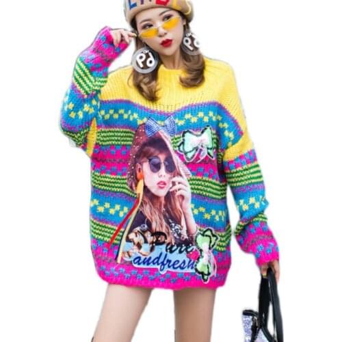 Turtleneck Character Appliques Pullove Sweater Heavy Work Beading Knitted Tops Sequined Kawaii Loose Casual Clothing For Women
