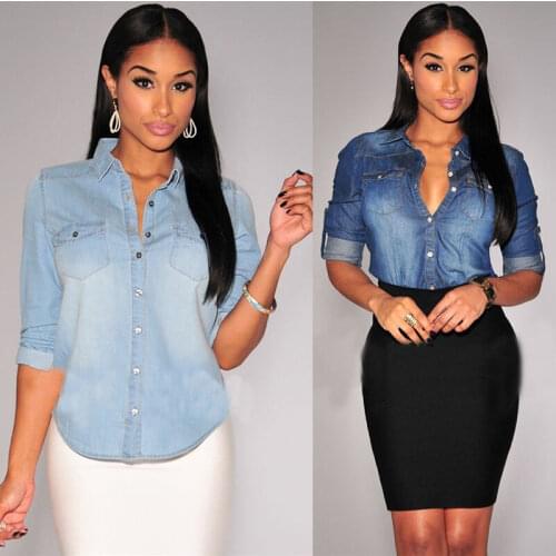 New Womens Retro Blue Jean Soft Denim Long Sleeve Casual Shirt Tops Blouse S-XL