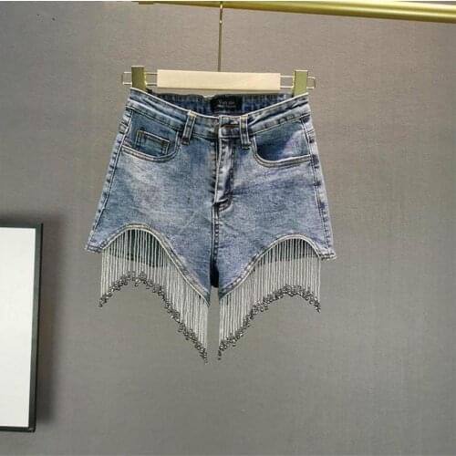 2021 New Summer High Waist Blue Denim Shorts WomenHem Rhinestone Chain Tassel Shiny Nightclub Shorts Female Fashion Jeans