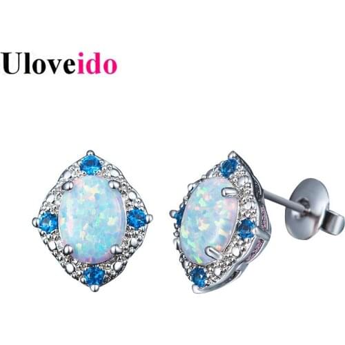 Uloveido 6*8mm Fire Opal Earrings for Women Silver Color Blue Stud Earings with Stone Female Earring Fashion Jewelry 5% ER144