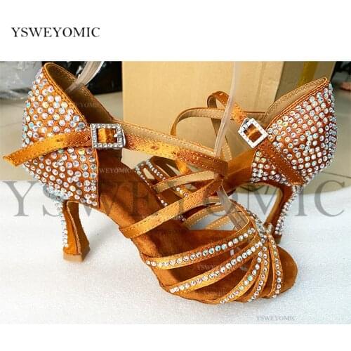 2020 Winter Dark Tan Rhinestones Latin Dance Shoes Thicker Insole High Quality Cuban Heel 9cm Bachata Dancing Shoes For Women