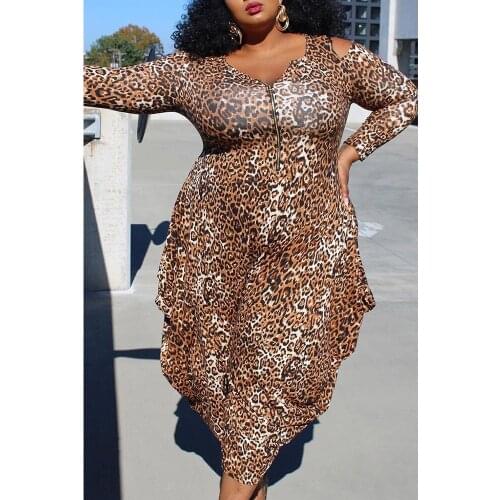 Plus Size Dresses for Women 4XL 5XL Leopard Printed Bodycon Full Sleeve V Neck Sexy Evening Night Club Robe Dress Vestidos Mujer