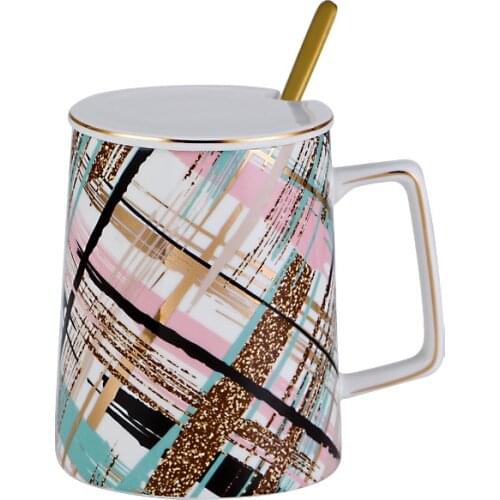 400ml Geometric Pattern Gold Ceramic Cup Watercolor Style Milk Coffee Mug with Lid and Spoon Kawaii Glass Drinkware