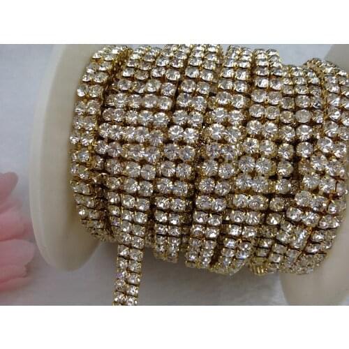 2 Rows 4mm 888 Rhinestone Gold chain Cake Ribbon Trim Wedding Decoration x 1 yard