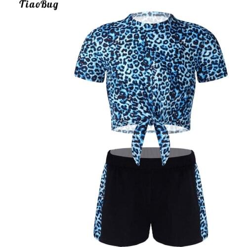 TiaoBug 2Pcs Kids Girls Summer Leopard Camouflage Print Sport Outfit Round Neck Short Sleeves Crop T-Shirt And Shorts Set