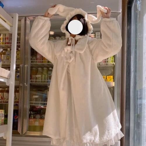 2021 Winter Japanese Lolita Coat WomenKawaii Faux Rabbit Furry Cute Padded Warm Cute Plush Shawl Over Fake Fur Coat Soft Sister