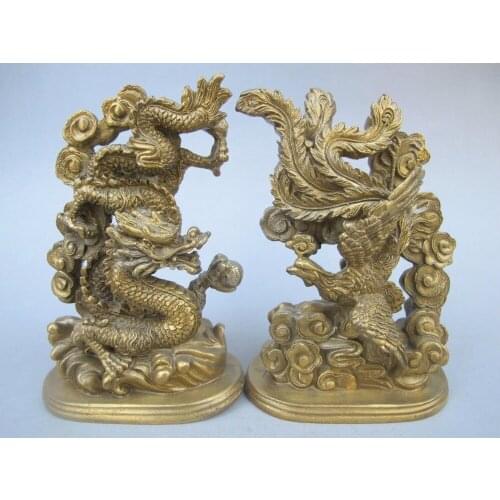 5.51 inch/The ancient Chinese handmade bronze statue of a dragon phoenix mascot metal handicraft