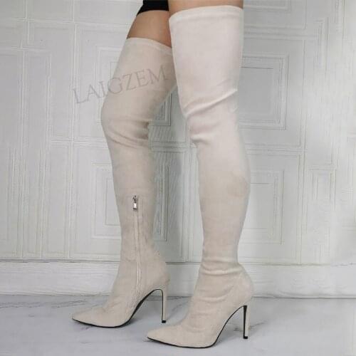 BERZIMER Women Thigh High Heels Boots Faux Suede Beige Botas Party Prom Female Spring Summer Shoes Woman Big Size 40 42 44 47