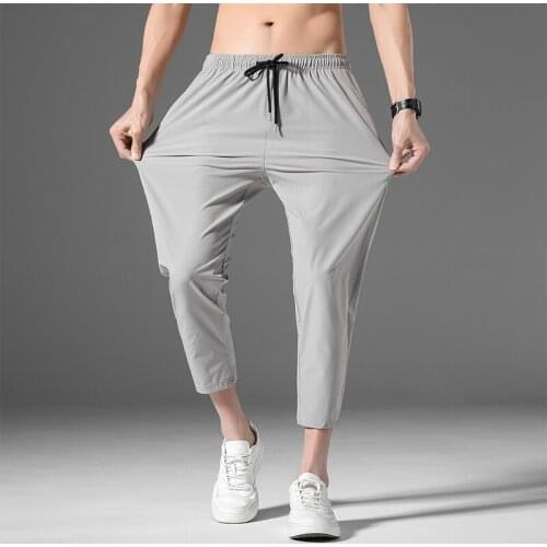 Straight pants men fashion pure color elastic waist casual pants men street loose Japanese ice silk pants men