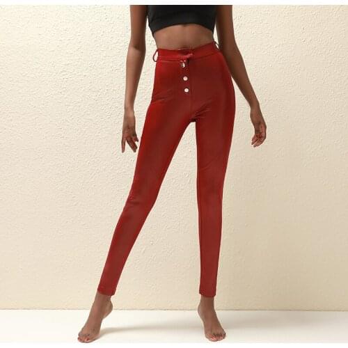Spring Autumn Winter Soft PU Leather Pants Women High Waist Button Skinny Trousers Casual Pencil Leather Leggings
