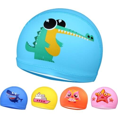 Kids Children Cute Cartoon Sharks Crocodile Starfish Swimming Caps PU Coating Fabric Swim Pool Bathing Cap Hat for Boys Girls