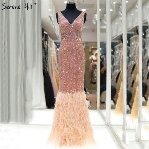 Dubai Luxury Feathers Mermaid Sexy Evening Dresses V-Neck Sleeveless Sparkle Evening Gowns Serene Hill LA60749