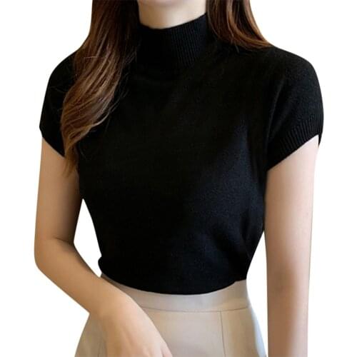 T-shirts Womens Summer Casual Turtle Neck Solid Short Sleeve Tops Ladies Casual Shirt Mujer Camisetas Футболка Женская #30