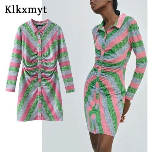 Klkxmyt Za Stripe Shirt Dress Woman 2021 Ruched Knitted Short Dress Women Long Sleeve Autumn Dresses Vintage Mini Casual Vestido