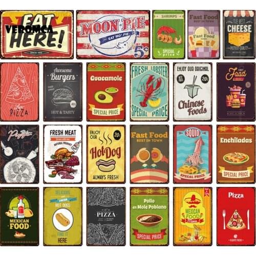 Fresh Meat Hot Dog Metal Poster Chinese Food Tin Sign Cheese Pizza Metal Plates Wall Home Restaurant Shop Decoration Accessories